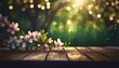spring time blossoms on wooden table in green garden with defocused bokeh lights and flare effect