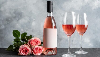 a bottle of rose wine and two glasses with a mockup on the bottle label