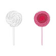 Two colorful lollipops are stacked on white, creating a playful and sweet composition