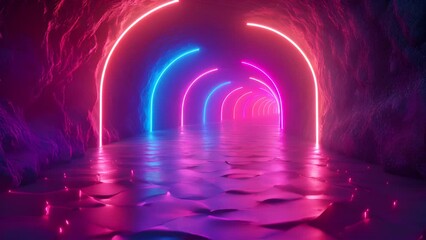 Wall Mural - tunnel with pink neon lights in the water. 