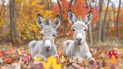 Wall Mural - a couple of small animals rest atop a mound of leaves near a dense forest teeming with numerous tree
