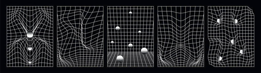 A set of distorted vertical grids with simple circles. Retrowave, synthwave, rave, vapervave. Fashionable retro style of the 2000s. Vector.