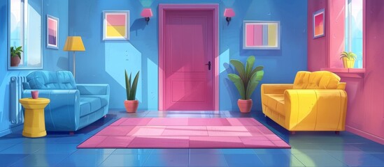 Sticker - Cozy cartoon room featuring a comfortable couch, stylish chair, and a welcoming door