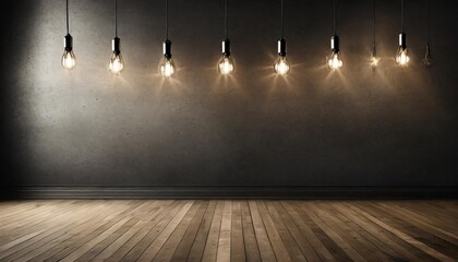 Wall Mural - room with smooth concrete black wall and hanging bulbs with light effect wooden ground modern design living