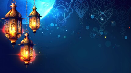 Wall Mural - Ramadan Kareem with golden crescent moon, golden lantern, islamic decorative elements template