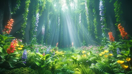 Poster -   A verdant forest teems with countless flowers beneath trees illuminated by brilliant sunlight filtering through their branches