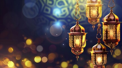 Wall Mural - Ramadan Kareem with golden crescent moon, golden lantern, islamic decorative elements template