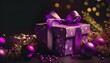 gift box with purple decorations abstract festive background with copy space