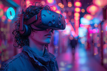 Poster - A gamer immersing themselves in a virtual reality adventure, escaping into a world of fantasy and excitement. Concept of immersion and entertainment. Generative Ai.