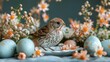 Bird Sitting on Plate Surrounded by Eggs and Flowers