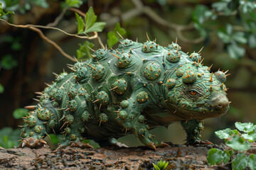 Poster - An animal with a body covered in thorns, resembling a walking bush as it navigates its habitat. Concept of defensive adaptations. Generative Ai.