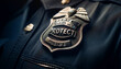 A close-up of a police officer's badge and the shiny badge and the words 