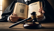 A Law Book Held By A Judge, With A Gavel In The Foreground. The Book Opens To A Page That Discusses Civic Duties, Symbolizing The Judges' Commitment To "Serve And Protect" Within The Bounds Of The Law