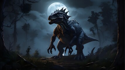 Wall Mural - A digital illustration of a scary dinosaur standing amidst a dark and foreboding forest. The forest is depicted with exaggerated proportions, with twisted trees and gnarled roots creating a sense of u