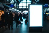 Fototapeta Mapy - Mock up. Vertical advertising billboard, lightbox with empty digital screen on railway station. Blank white poster advertising, public information board stands at station in front of people and train