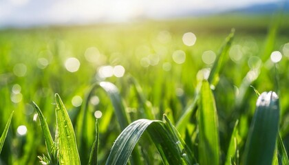 spring or summer green grass field with sunny bokeh background