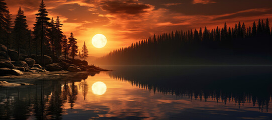 Wall Mural - The beauty of nature on display as the moon sets over the tranquil waters of the lake.