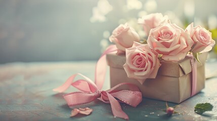 Poster - Vintage rose flowers and gift box with ribbon on light table. Greeting card for Birthday, Womens or Mothers Day