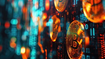 Poster - business golden coin digital currency on stock market financial positive indicator background. Double exposure growth futuristic chart bitcoin money investment . investor cryptocurrency data concept.