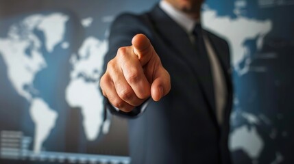 Poster - Businessman pointing chart financial goals and economic business planning global.