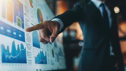 Poster - Businessman pointing chart financial goals and economic business planning global.