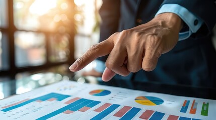 Poster - Businessman pointing chart financial goals and economic business planning global.