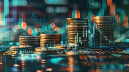 Poster - Double exposure image of coin stacks on technology financial graph background.Economy trends background for business ,financial meltdown ,Cryptocurrency digital economy.