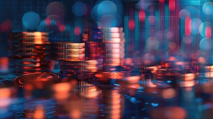 Poster - Double exposure image of coin stacks on technology financial graph background.Economy trends background for business ,financial meltdown ,Cryptocurrency digital economy.