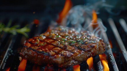 Sticker - Grilled meat steak on stainless grill depot with flames on dark background. Food and cuisine concept.