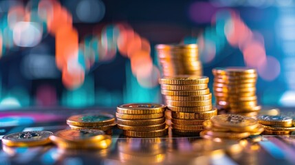 Poster - pile of money coin with trading graph, financial investment background.