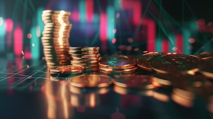 Poster - pile of money coin with trading graph, financial investment background.