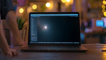 Poster - A laptop computer is placed on top of a wooden table in a professional office environment, An open laptop with code appearing on the screen, AI Generated
