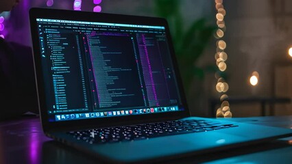 Poster - A laptop computer is seen resting on top of a table, ready for use, An open laptop with code appearing on the screen, AI Generated