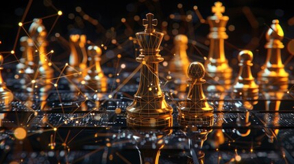 Poster - strategy ideas concept business futuristic graphic icon and golden chess board game black colot tone