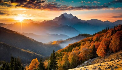 Wall Mural - the dawn s early rays transform the autumnal mountain landscape