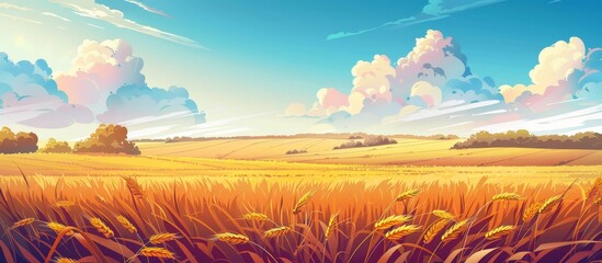 Wall Mural - lush wheat field depicted in a cartoon style with puffy clouds in the distant sky