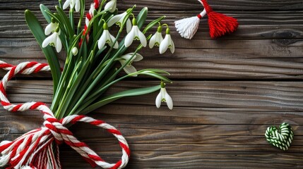 Wall Mural - A bouquet of snowdrops flowers, red and white rope with tassels, hearts on a wooden background. Postcard for the holiday of March 1, space for text.