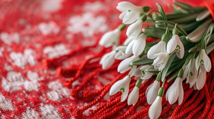 Wall Mural - A bouquet of snowdrops flowers, red and white rope with tassels, hearts on a wooden background. Postcard for the holiday of March 1, space for text.