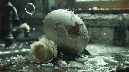 Poster -   A broken egg atop a table, nearby rests a pristine white rose with water beading on its petals