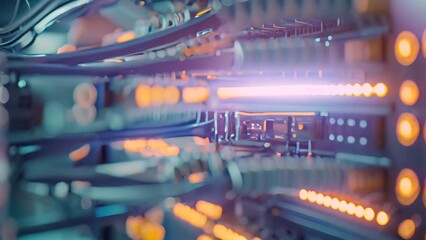 Poster - A detailed view of a server featuring numerous vibrant yellow lights, Artistic representation of a network switch in a sparse design, AI Generated