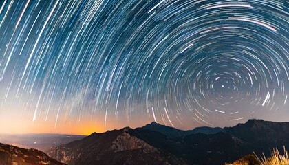 Wall Mural - star trails over mountainous terrain at sunset