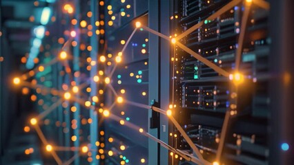 Poster - A brightly illuminated server stands in a data center, bathed in the glow of vibrant yellow lights, Background of a network server room with glowing lights, AI Generated