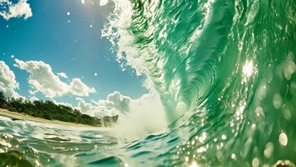 Wall Mural - A powerful wave crashes, revealing a breathtaking view of the ocean from inside its curl, Barrel wave breaking on a sunny day, AI Generated