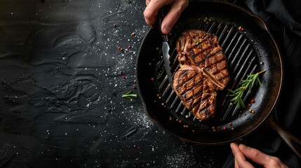 Sticker - Cooking beef steak on grill pan by chef hands on black background for copy space text restaurant menu