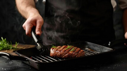 Sticker - Cooking beef steak on grill pan by chef hands on black background for copy space text restaurant menu