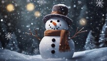 Winter Background With A Snowman Snow And Snowflakes
