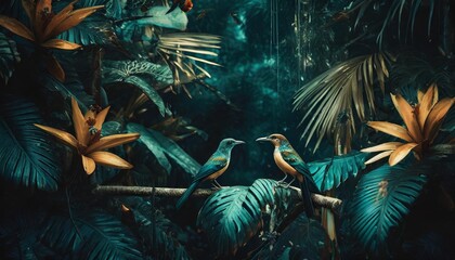 Wall Mural - tropical wallpaper background with plants and birds generative ai