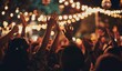 © SKIMP Art - A group of people are cheering and waving their hands at night, with lights shining on them Generative AI