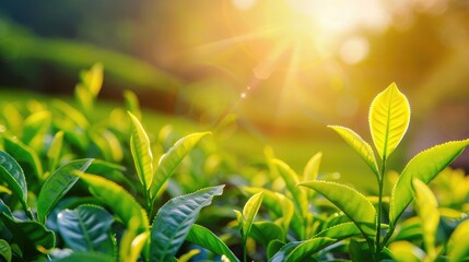 Wall Mural - Green tea plantation at sunrise time,nature background