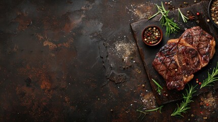 Sticker - Grilled ribeye beef steak, herbs and spices. Top view with copy space for your text